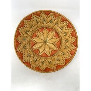 Vintage Handmade Woven Basket Crafted Sikki Grass 9" Orange Natural Color Boho
